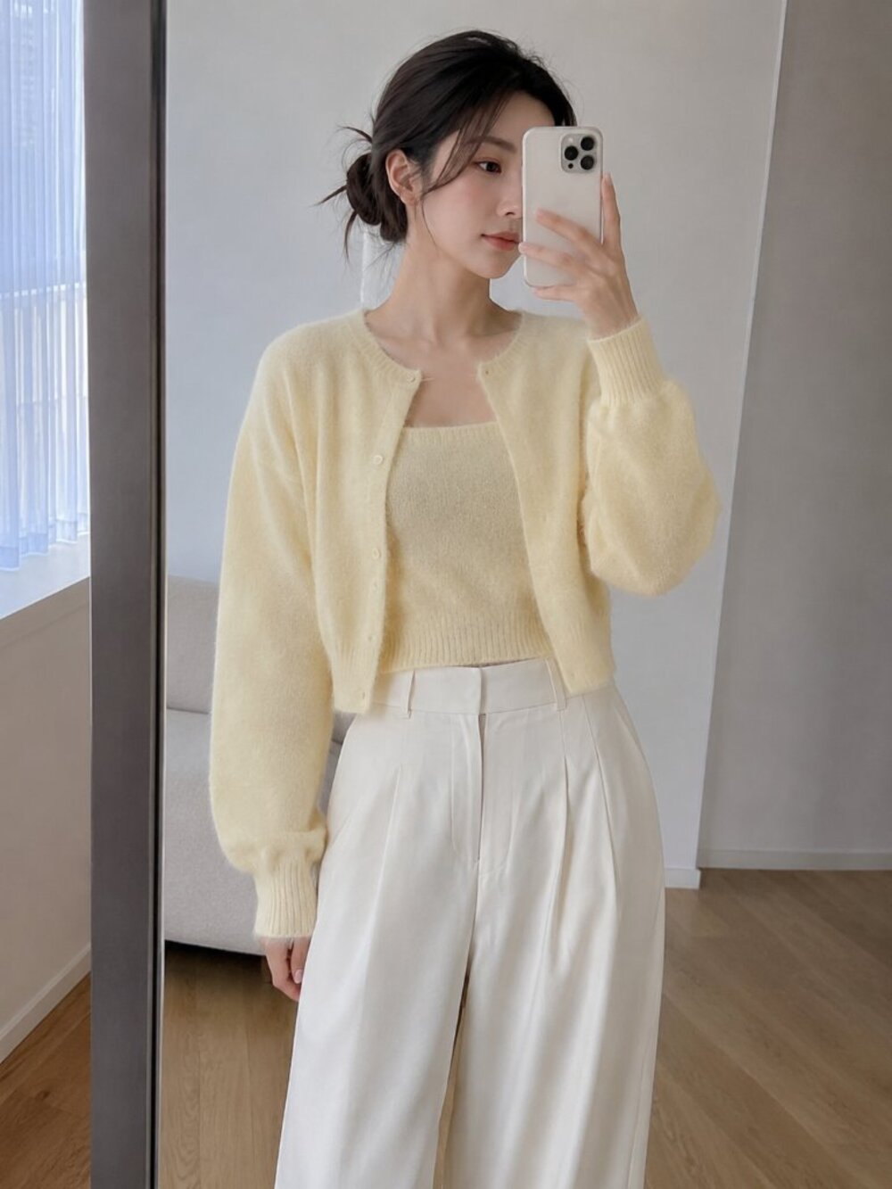 Dazy Fuzzy Knit Cardigan & Cami Set Cream Yellow Soft Girl Size S